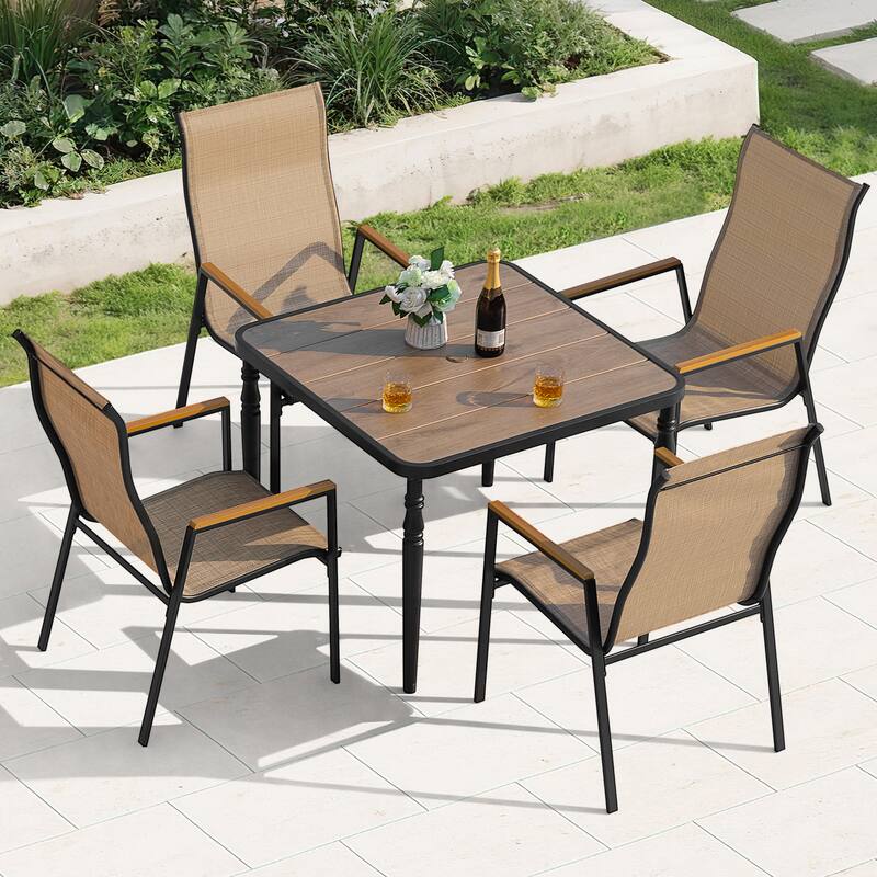 5-Piece Textilene Patio Dining Set with Umbrella Hole, Stackable Design - Iron Table-Brown