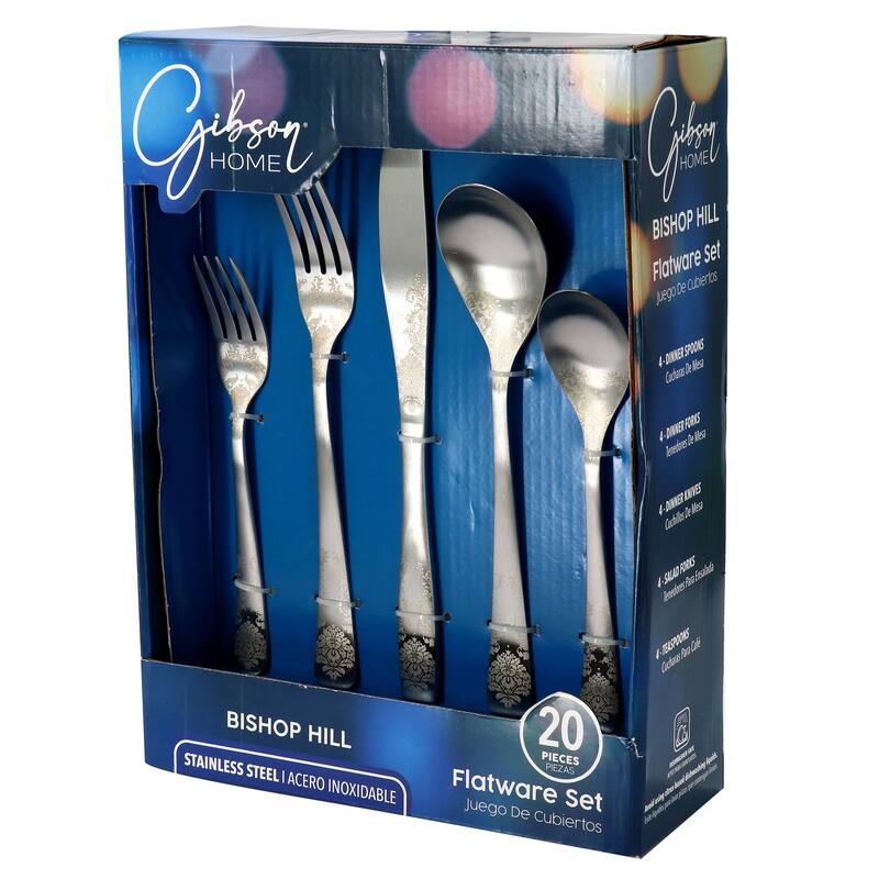 20 Piece Stainless Steel Floral Flatware Set in Matte Silver