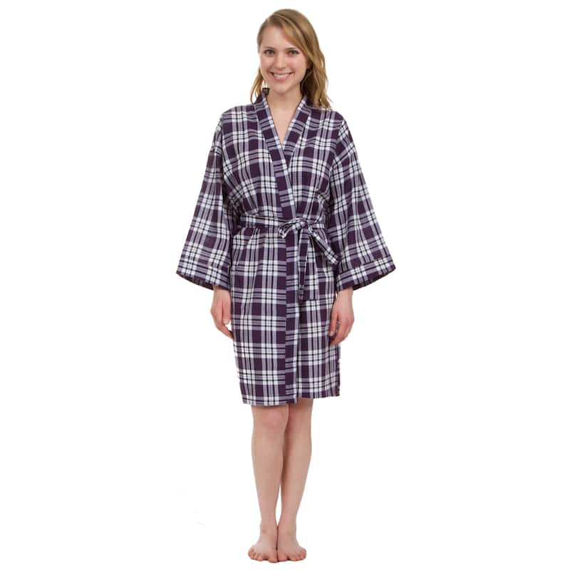 Leisureland Women's Knee Length Purple Plaid Robe