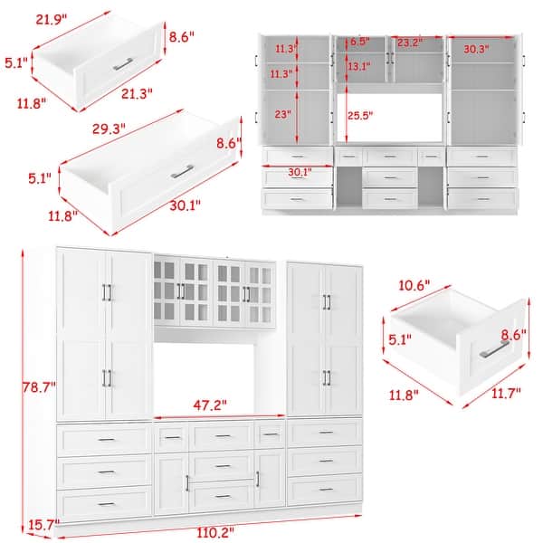 Multi-Functional White Kitchen Storage Cabinet with Drawers and Glass Doors, MDF & Metal Hardware