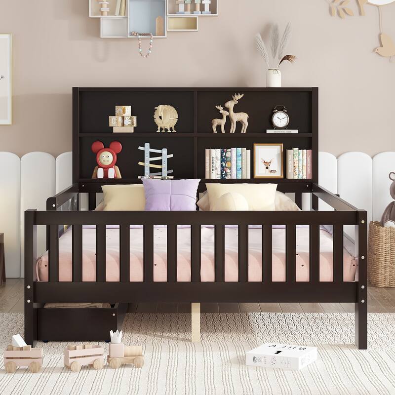 Childlike Fun Solid Wood Low-profile Platform Bed Storage Bed Frame with Side Chalkboard, Open Shelves, Drawers and Guardrails