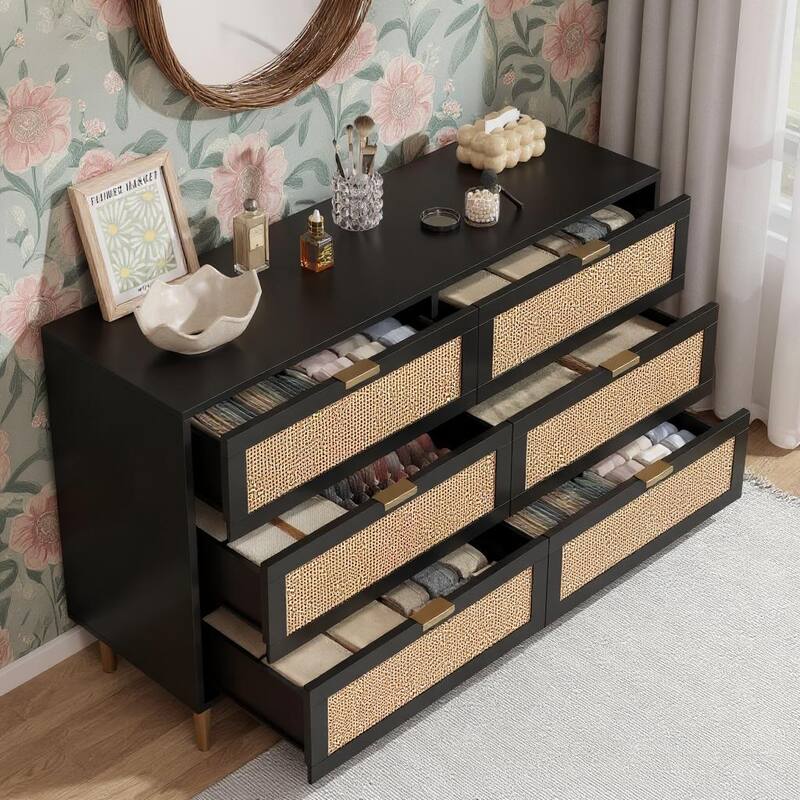 6 Drawers Tall Rattan Dresser, with Metal Legs and Handles