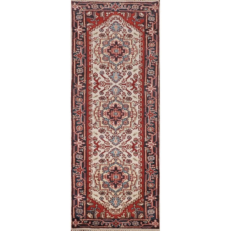 Ivory Geometric Heriz Serapi Runner Rug Hand-Knotted Wool Carpet - 2'6"x 7'10"