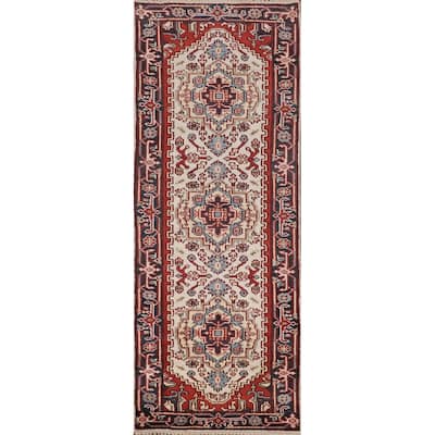 Ivory Geometric Heriz Serapi Runner Rug Hand-Knotted Wool Carpet - 2'6"x 7'10"