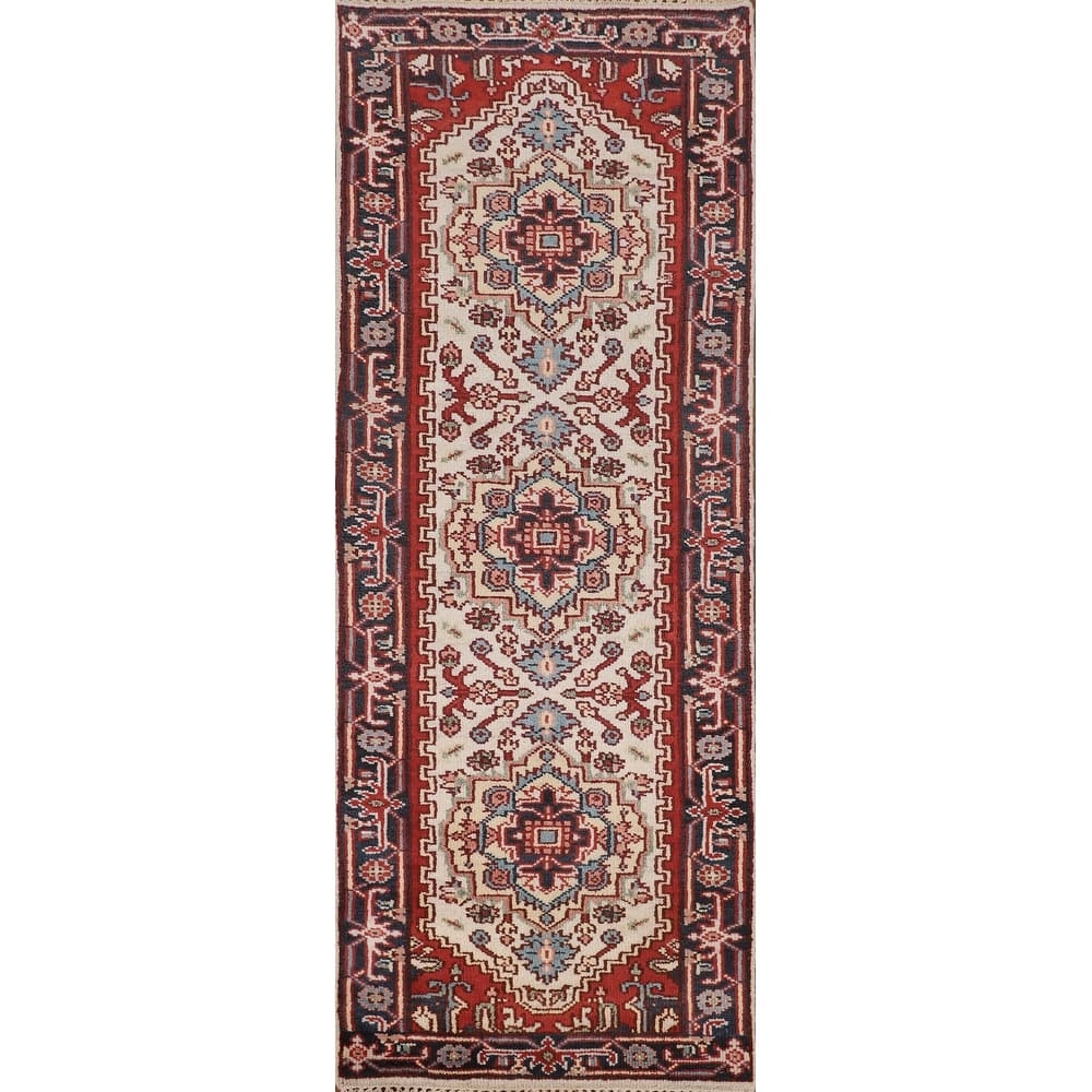 Ivory Geometric Heriz Serapi Runner Rug Hand-Knotted Wool Carpet - 2'6"x 7'10"