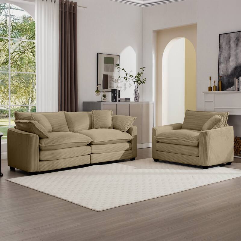 2+1 Seat Flexible Combinations Sofa Set with Throw Pillows, Corduroy Fabric Sofa with Removable Armrests