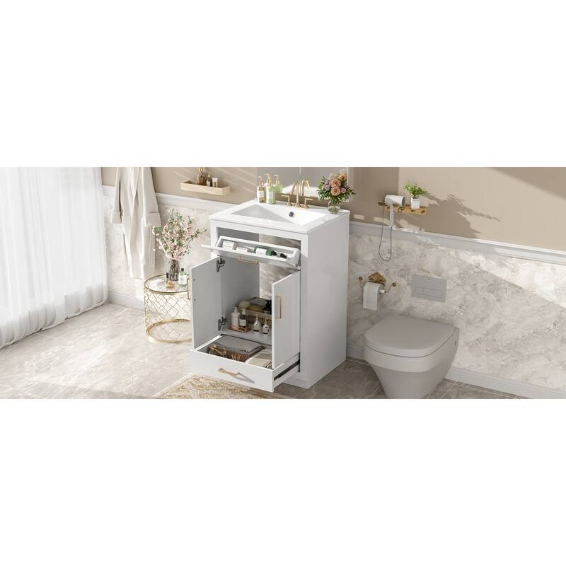 Roomfitters 24 Inch Bathroom Vanity with Integrated Ceramic Sink, Storage Cabinet & Tilt-Down Compartment