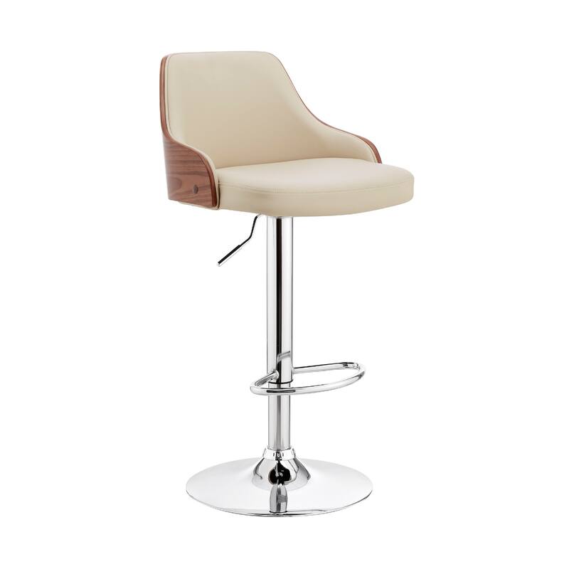 24" Swivel Bar Stool with Armrests and Adjustable Height PU Seat with Foam Chrome Finish Base for Kitchen or Bar - Cream-Silver