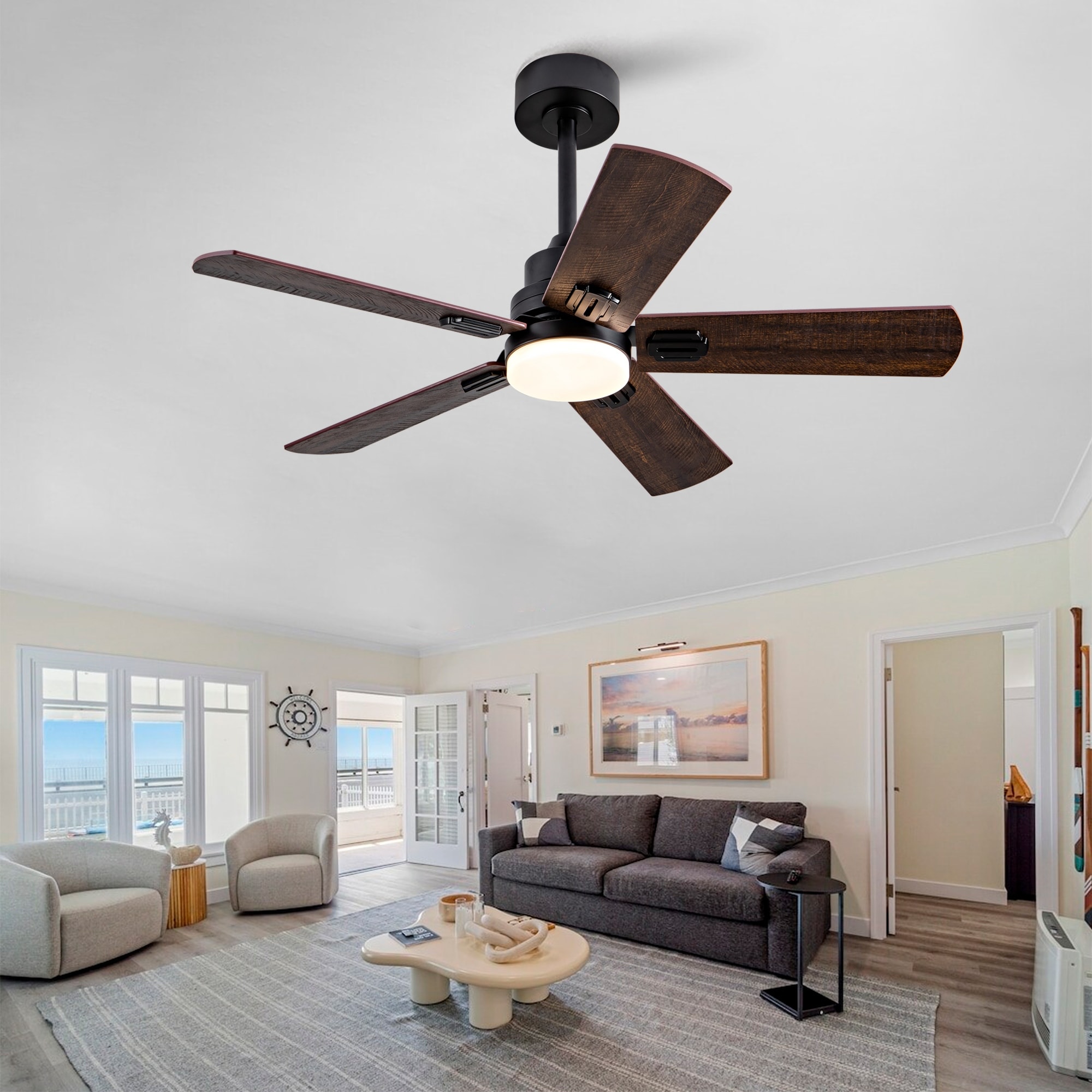 Smart 42" Indoor/Outdoor Ceiling Fan with Light, Dual Finish Black/Walnut 6-Blade, Remote Control, Dimmable LED