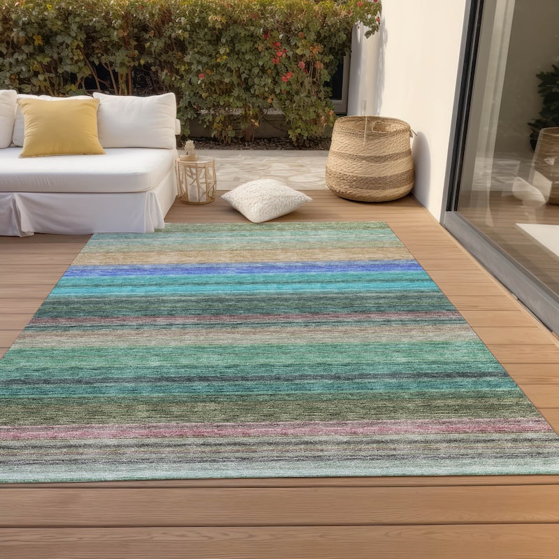 Machine Washable Indoor/ Outdoor Ombre Stripes Chantille Rug - Sage - 9' x 12'
