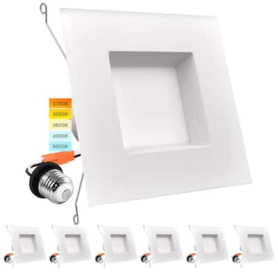 Luxrite 5/6" LED Square Recessed Lighting 5 Color Selectable 2700K, 3000K, 3500K, 4000K, 5000K Baffle Trim 6 Pack