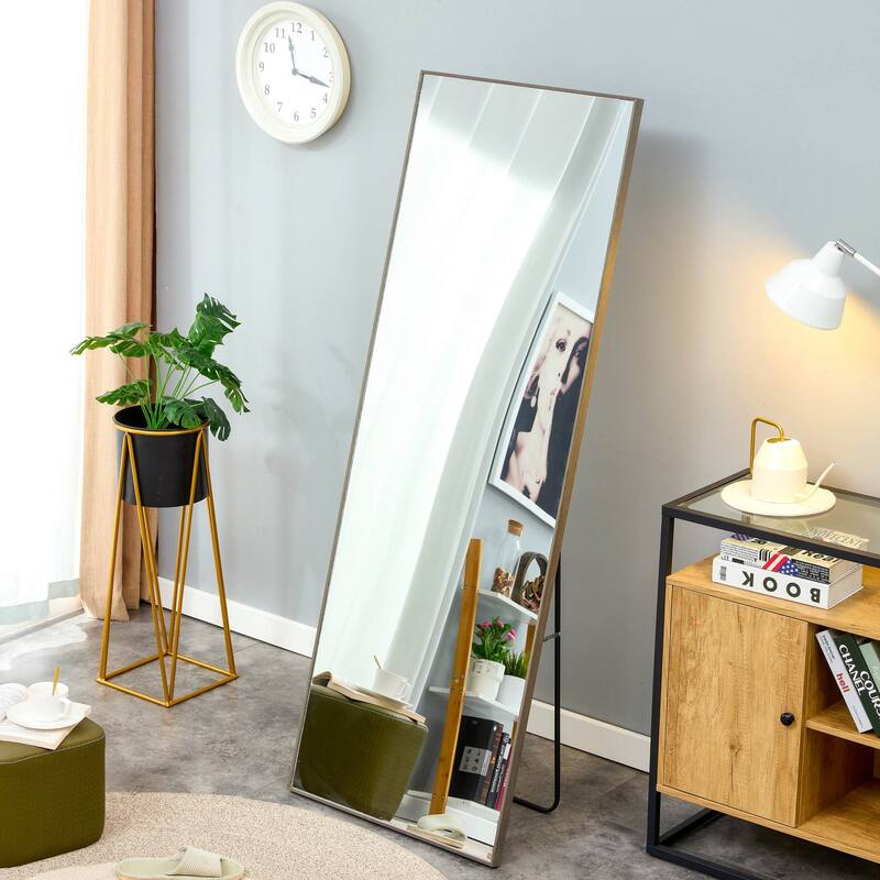 Roomfitters Full Body Mirror with Gray Solid Wood Frame, Floor or Wall Mounted Dressing Mirror for Bedroom, Gray