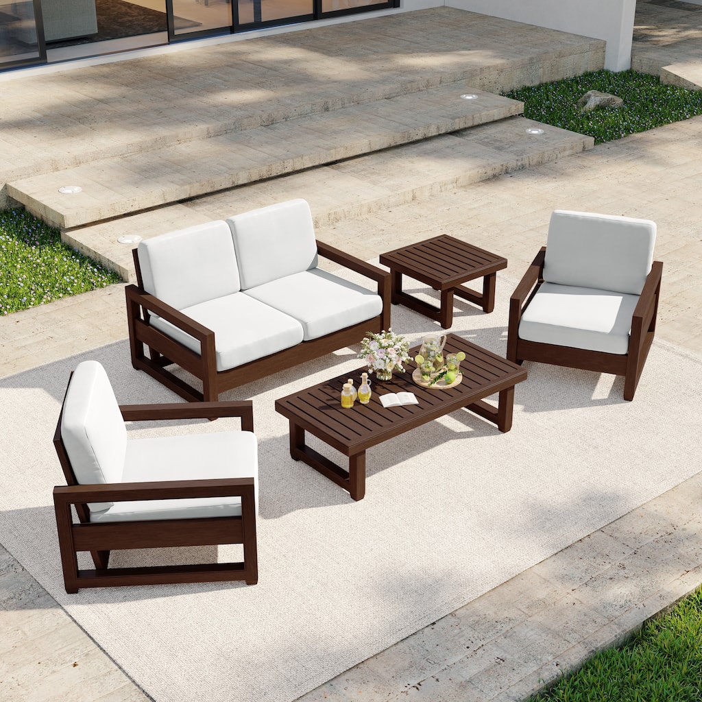 5-Piece Outdoor Solid Teak Wood Patio Conversation Set