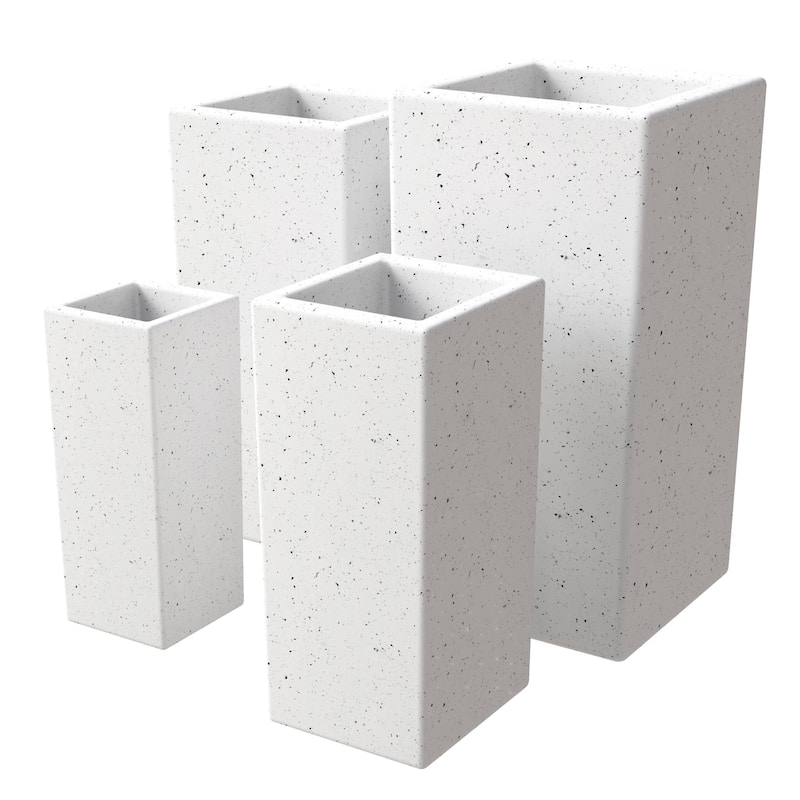 Terra 4-Piece Tall Square Fiberstone and MGO Clay Planter Set With Drainage Holes for Home Office Garden Patio Porch Yard
