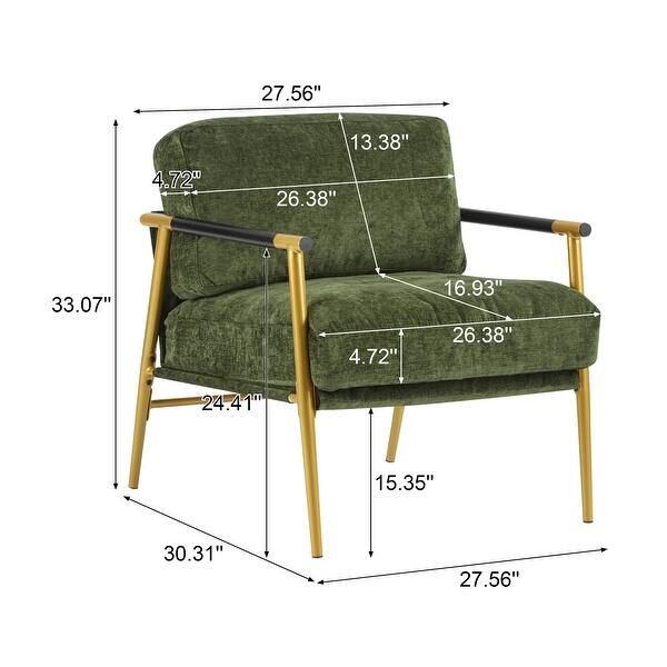 dimension image slide 1 of 2, Modern Accent Chair with Plush Cushions, Minimalist Metal Frame, and Wooden Armrest Design