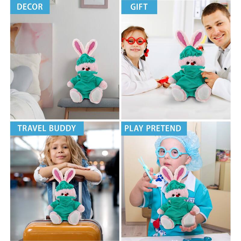 DolliBu Rose Gold Bunny Doctor Plush Toy with Scrub Uniform and Cap - 8 inches