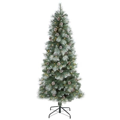 6’ Pre-Lit Frosted Columbia Pine Artificial Christmas Tree, Clear LED Lights - 6 Foot