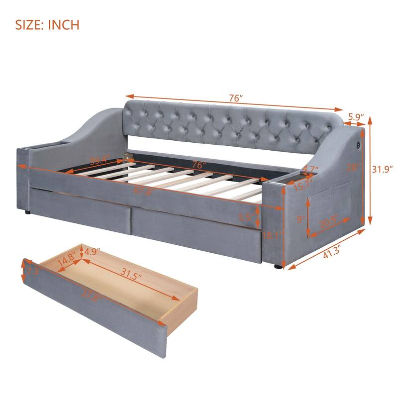 Twin Size Daybed with Storage Armrests & USB Port