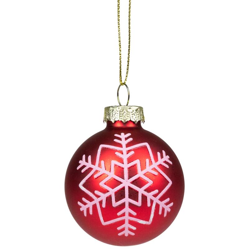Snowflakes and Striped Glittered Glass Christmas Ornaments - 1.75-Inch (45mm) - Red - 12ct