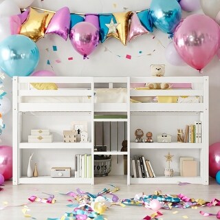 Modern Twin Size Kid Low Loft Bed With Two-Tier Shelves And LED Light,Sturdy Construction