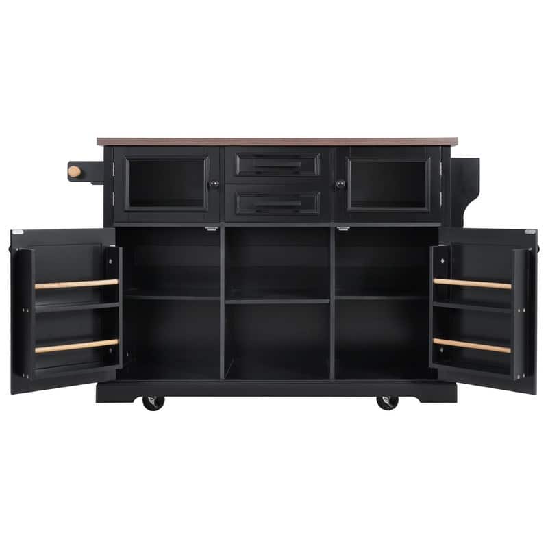 Kitchen Island with Drop Leaf, Power Outlet, 4 Door Shelves, Rolling Kitchen Island