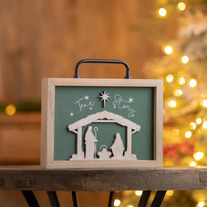 True Story Nativity Christmas Plaque with Handle - 9.5 - Green and White