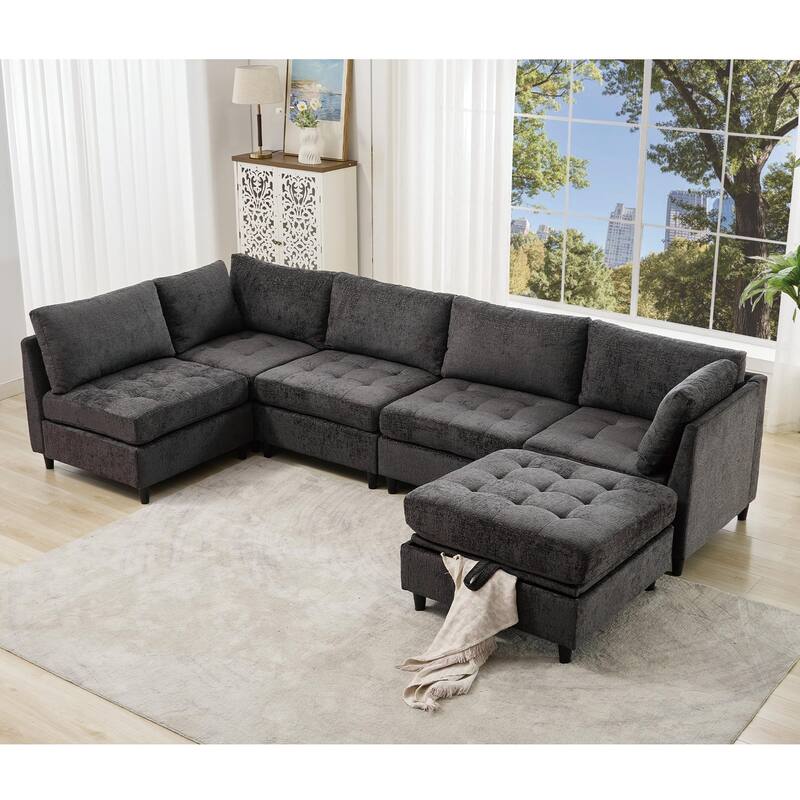 128" Chenille U-Shaped Modular Sectional Sofa with Ottoman