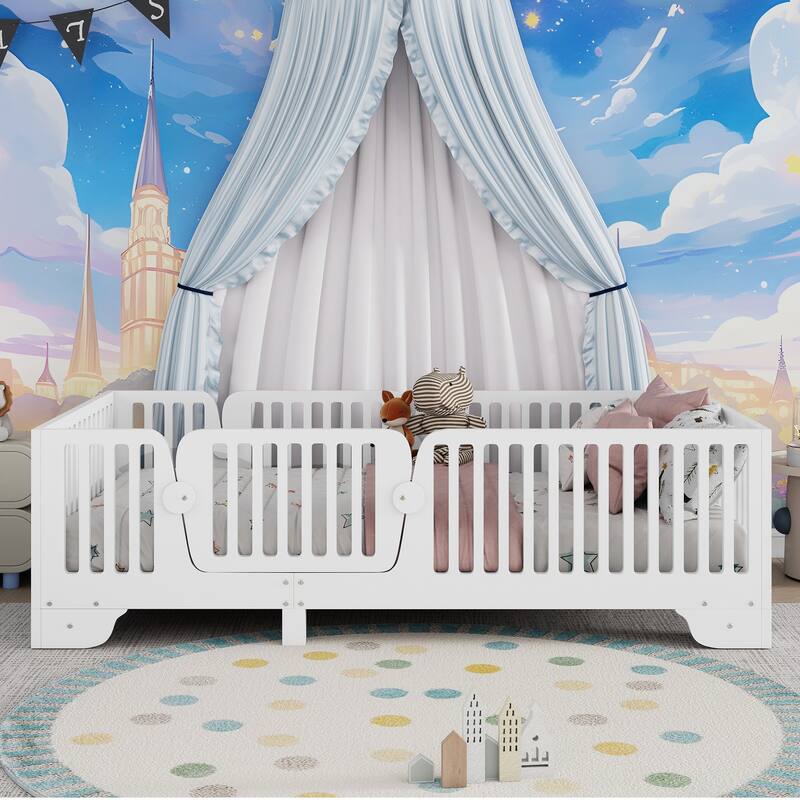 Montessori Floor Bed with Detachable Door, No Box Spring Needed, Kids Platform Bed with Slats and Fence