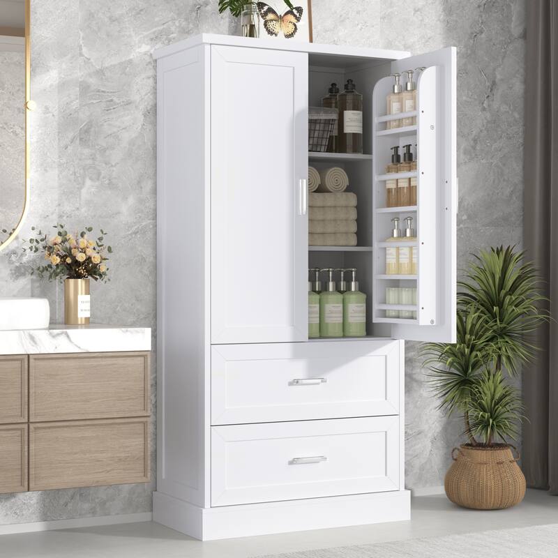 Tall Bathroom Storage Cabinet with Two Doors and Drawers, Adjustable Shelf, MDF Board