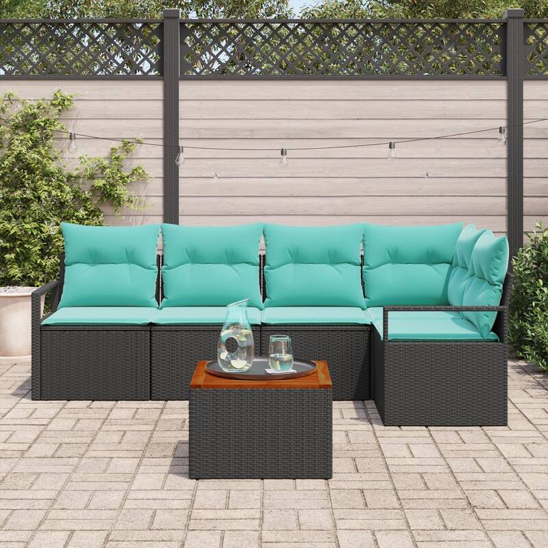 vidaXL 6 Piece Garden Sofa Set with Cushions Black Poly Rattan Acacia - 91.3×48×27.2