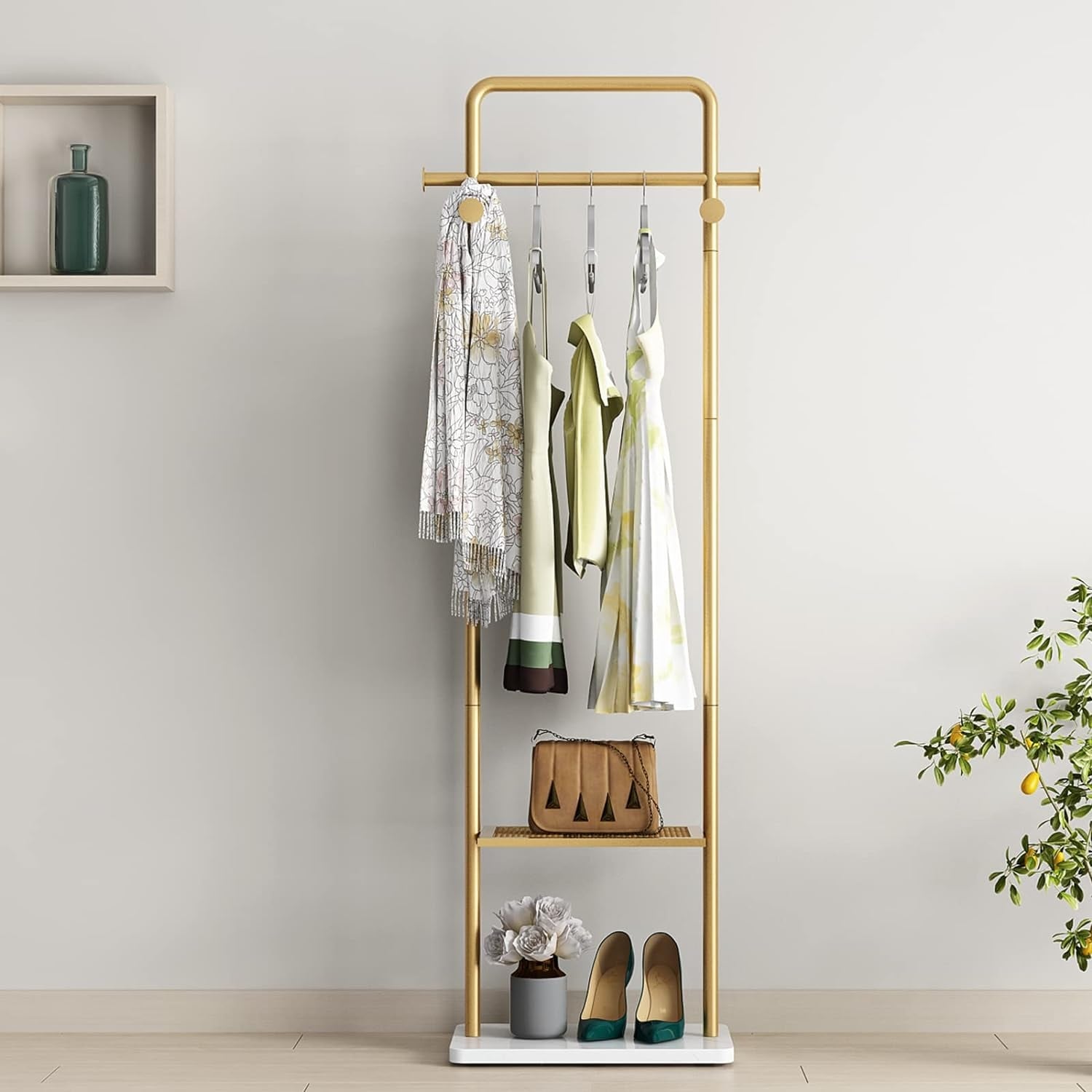Freestanding Metal Corner Clothes Stand Coat Rack with 4 Hooks Gold