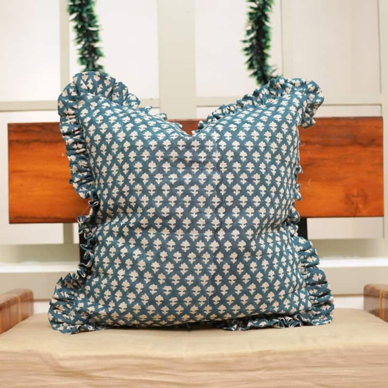 Fabdivine Handmade Block Print Floral Frill Both Side Soft Boho Pure Linen Pillow Cover