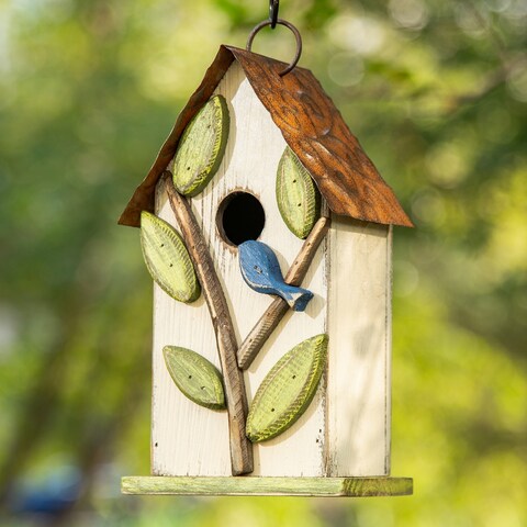 Glitzhome 10"H Multicolor Cute Distressed Solid Wood Birdhouse with 3D Flowers