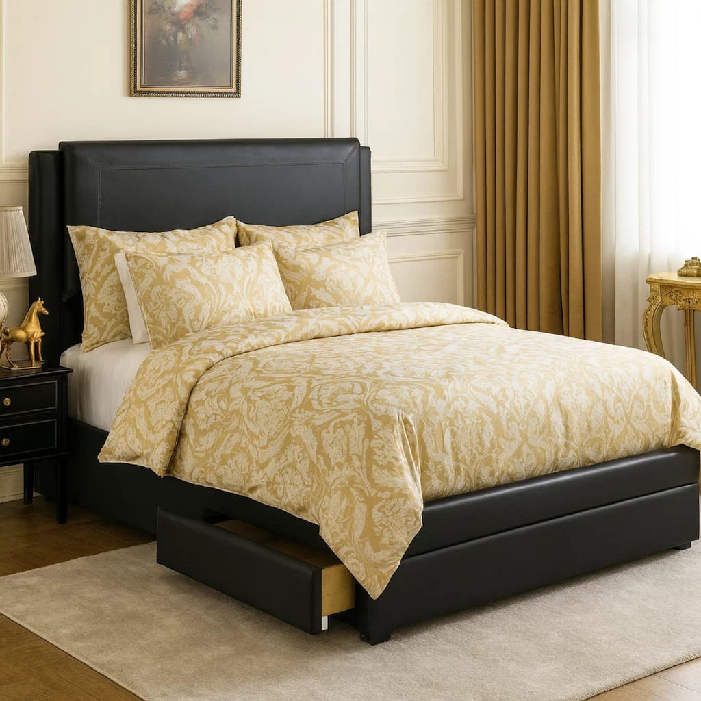 Pine Wood/ Bonded Leather Queen Size Bed in Black