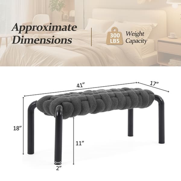dimension image slide 0 of 5, Christopher Knight Home - Teddy Braided Upholstered Bench with Black Metal Legs End-of-Bed Seating