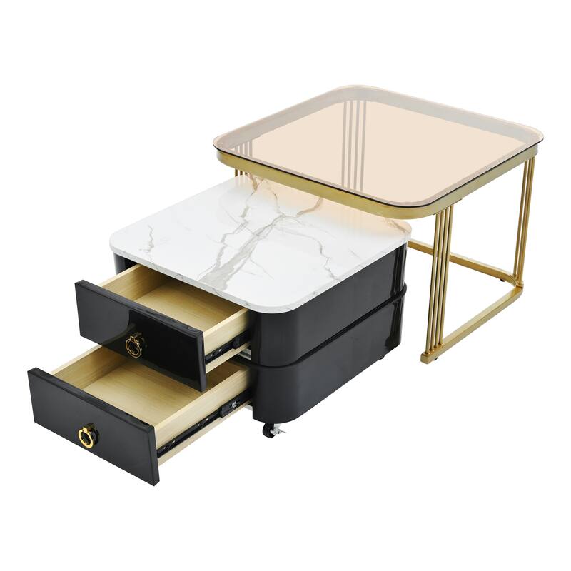 Mieres Stackable Coffee Table, Nesting Tables with Brown Tempered Glass, Wheels & Drawers and High Gloss Marble Grain Top