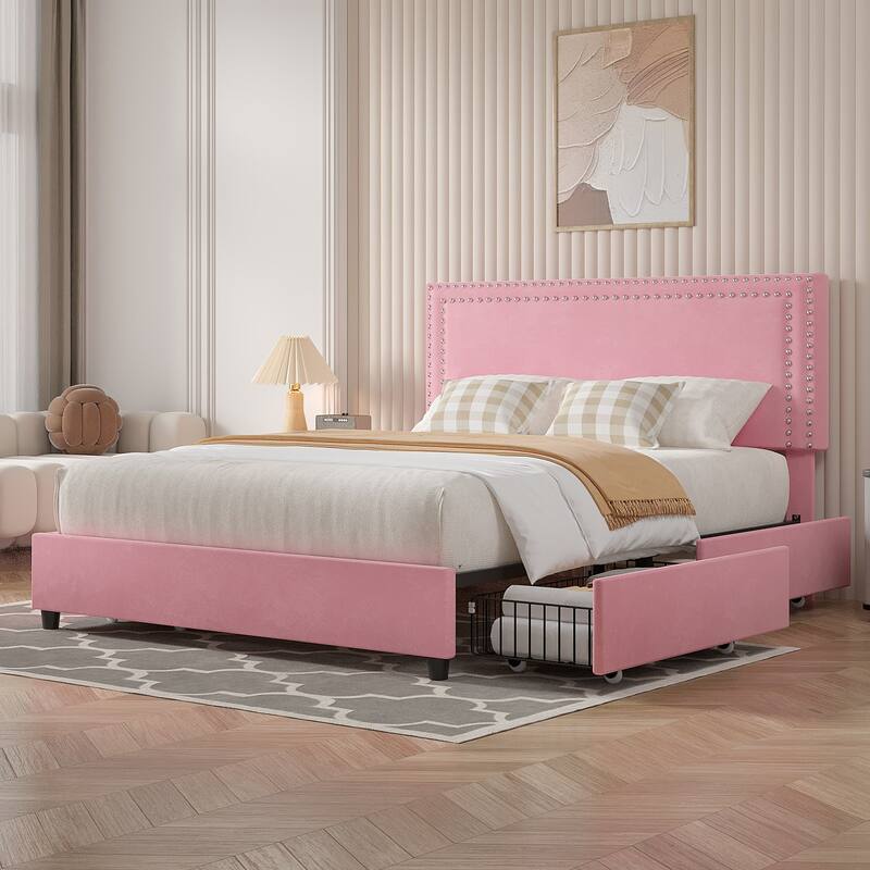 VECELO Upholstered Storage Bed Frames with 4 Storage Drawers, Platform Bed Frame with Adjustable Velvet Rivets Headboard