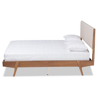 Full Size Platform Bed - Modern Beige Fabric & Walnut Wood Bed Frame - Mid Century Design - Headboard & Slats Included