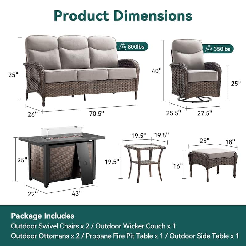 Pocassy Outdoor Sofa Swivel Chair and Ottman with 43in Fire Pit Table