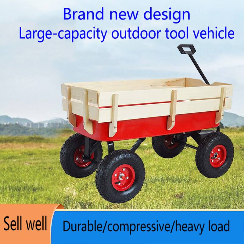 All-Terrain Yard Cart - Adjustable Handle, Large Capacity, Steel and Wood Construction with 180° Steering - Metal