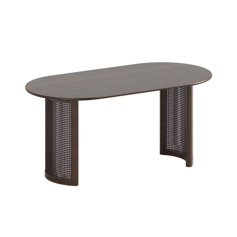 Oval Dining Table with Arc-Shaped Edge Top and Rattan Woven Base Modern Farmhouse Kitchen Table for Living Room Dining Room