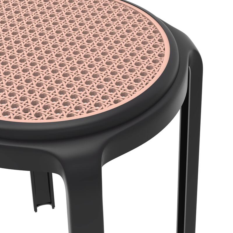 Round Plastic Dining Stool with Wicker Top Tresse Series by LeisureMod - 17.7" H x 13.4" W x 13.4" D