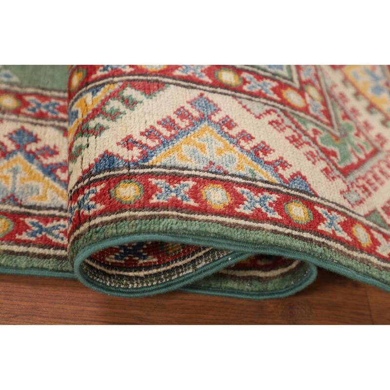 Green Geometric Kazak Accent Rug Hand-Knotted Wool Carpet - 2'9" x 3'11"