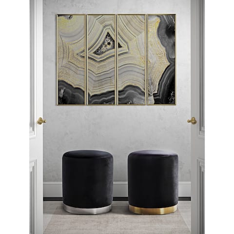 Opal Black Velvet Ottoman with a Silvertone Stainless Steel Base