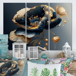 Designart "Deep Blue And Gold Single Flower I" Floral Canvas Art Print - 3 Panels