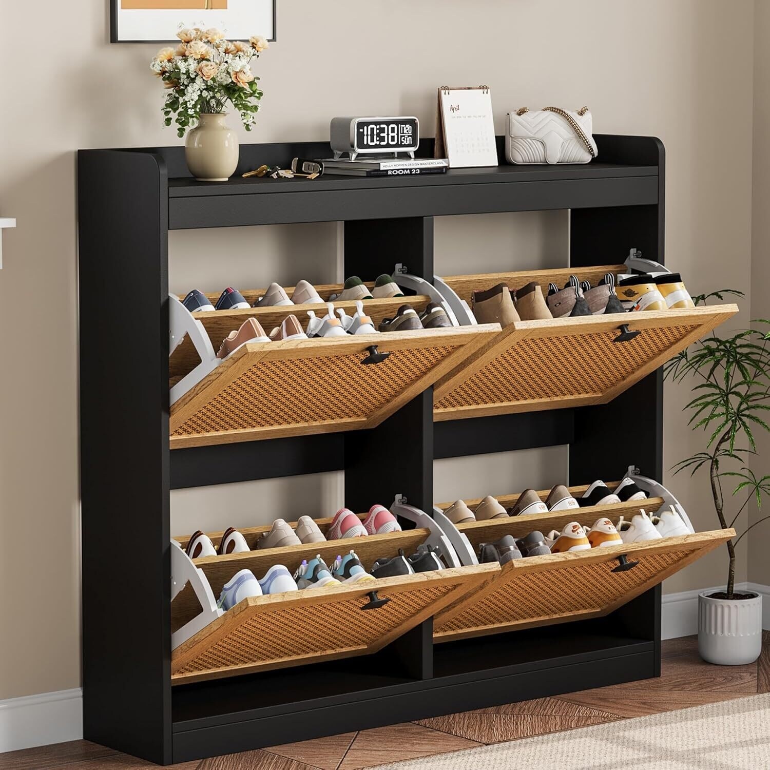 Freestanding Shoe Organizer Storage Cabinet with 4 Flip Drawers