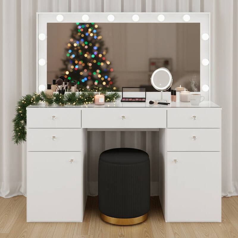 Makeup Vanity Desk w/ Free Black Storage Stool, 12 LED Bulbs, 5 Drawers, 2 Doors, Glass Top, USB Ports - White