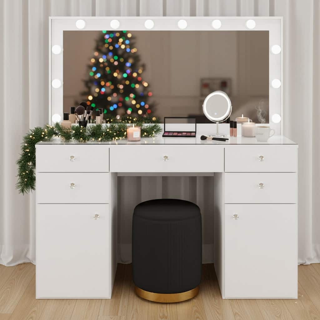 Makeup Vanity Desk w/ Free Black Storage Stool, 12 LED Bulbs, 5 Drawers, 2 Doors, Glass Top, USB Ports