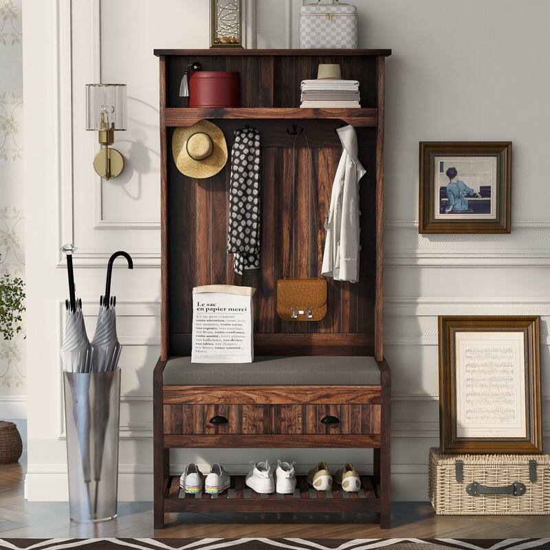 3-in-1 Design Hall Tree with 4 Hooks,Hinged Lid,Coat Hanger and Storage Bench