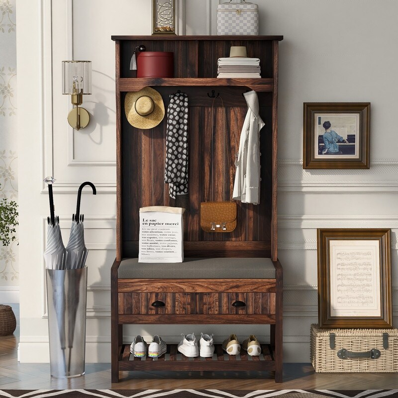 3 in 1 Design Hall Tree with 4 Hooks Storage Entryway Bench